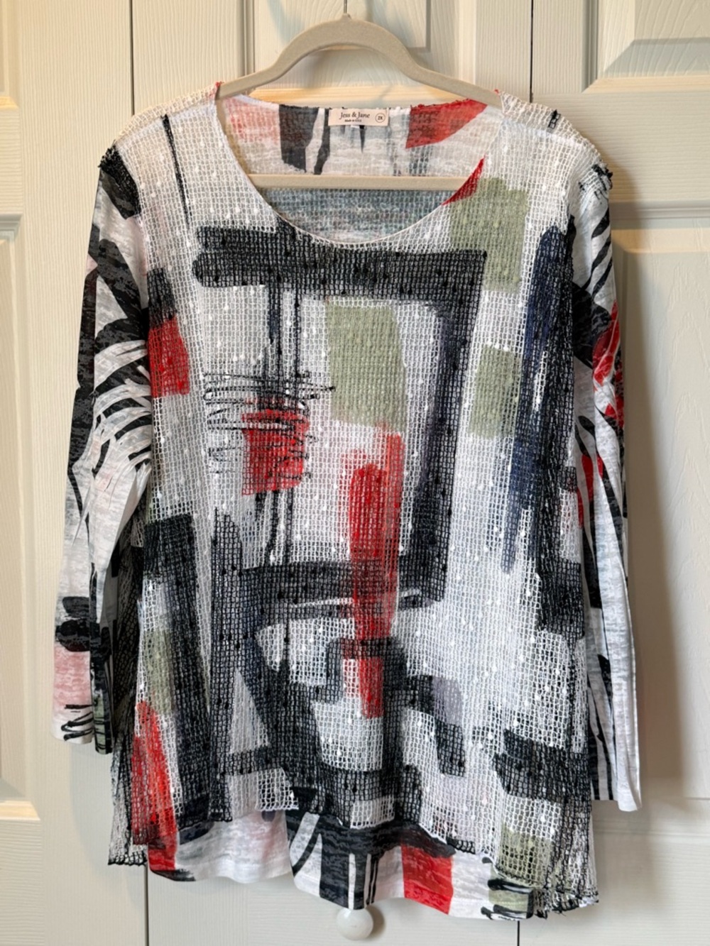 # Jess & Jane 2X Abstract Brushstroke Blouse w/Mesh Overlay